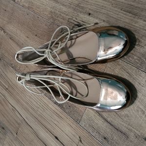 Mark and Maddux | Rose Gold Metallic Patent Tie Strap Flats